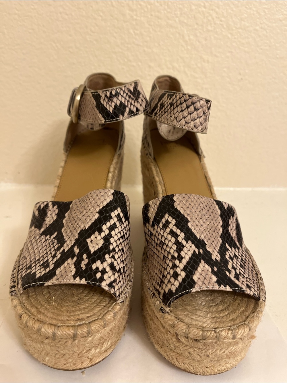 Marc Fisher Snake-Print Espadrille Platform Wedges - Beige/Black - Size 9M